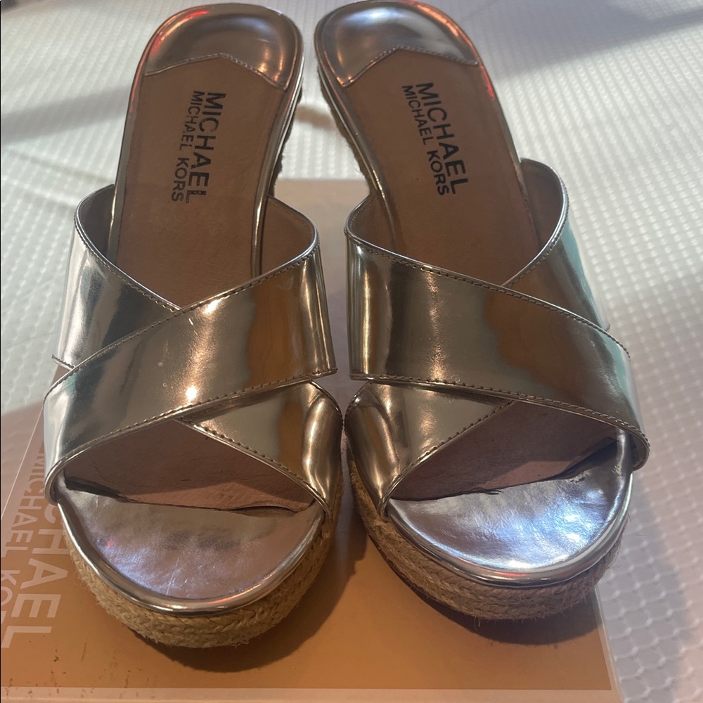 Michael Kors Shiny Silver Wedge Sandals - Picture 4 of 11